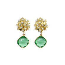 Load image into Gallery viewer, Gold flower cluster post with tiny freshwater pearls and semi-precious green quartz gemstone drop_m donohue collection