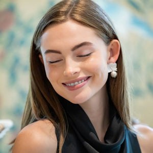 model wearing Audrey Silver ball earrings_m donohue collection