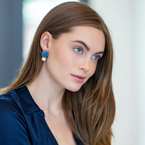 Model wears Liz Cotton Pearl Blue Earrings_m donohue collection