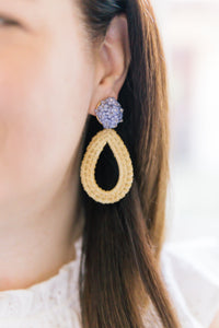 Model wears Ava Lavender Rattan earring_m donohue collection