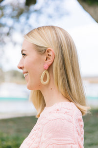 Model wears Ava Pink Rattan earring_m donohue collection