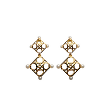 Load image into Gallery viewer, Woven gold stud and drop accented with dainty pearls_m donohue collection