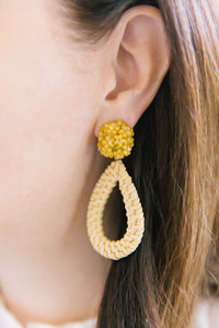 Model wears Ava Yellow Rattan earring_m donohue collection