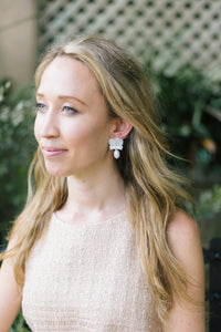 Model wearing Audrey Pearl Earrings_m donohue collection