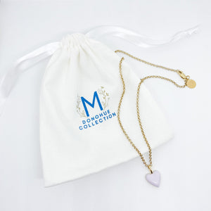 Little Enamel Lavender Heart Necklace displayed with branded linen pouch_m donohue collection