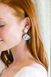 Model wears Grace Willow Blue and White earrings_m donohue collection