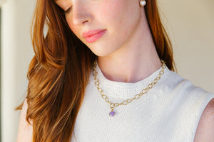 Model wears the Annabelle Gold & Lavender Jade Gemstone necklace_m donohue collection