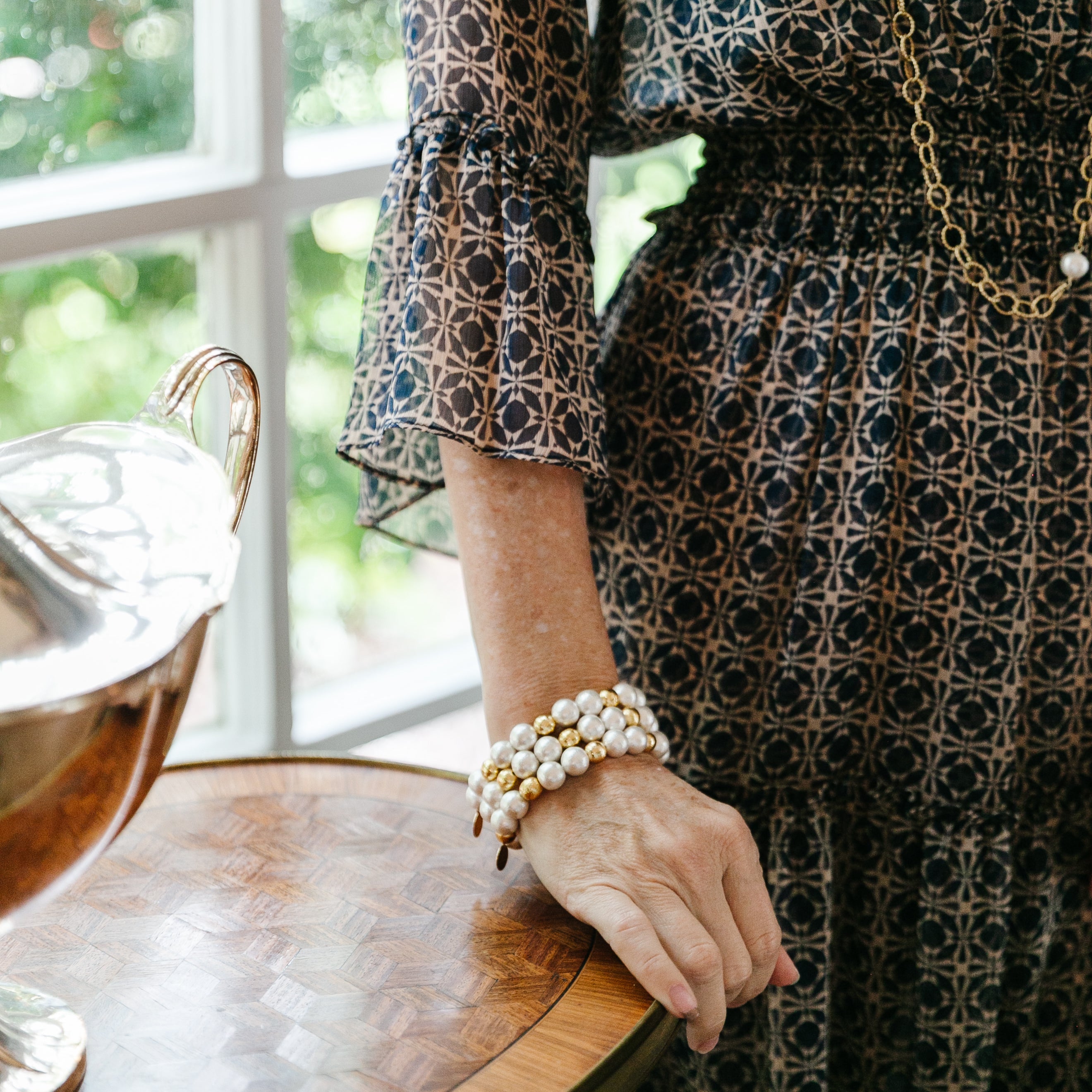 Model is wearing Olivia Cotton Pearl & Multi Gold Bracelet_m donohue collection