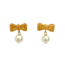 Load image into Gallery viewer, Gold-plated ribbon bow posts with freshwater pearl drops_m donohue collection