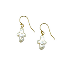Load image into Gallery viewer, White freshwater pearl cross on earring hooks_m donohue collection