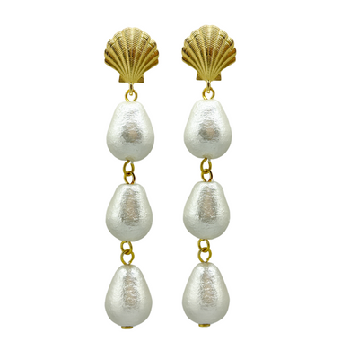 Stunning gold plated shell post with three cotton pearl teardrops_m donohue collection