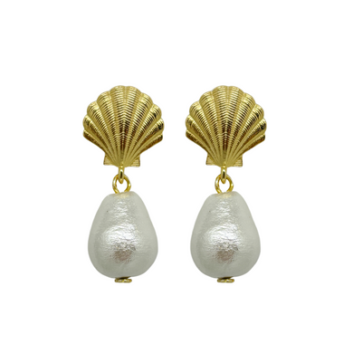 Stunning gold plated shell post with a cotton pearl teardrop_m donohue collection