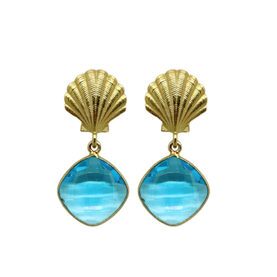 Stunning gold plated shell post with aqua quartz gemstone drop_m donohue collection