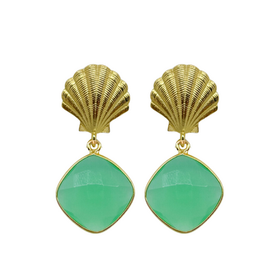 Stunning gold plated shell post with green calcedony gemstone drop_m donohue collection