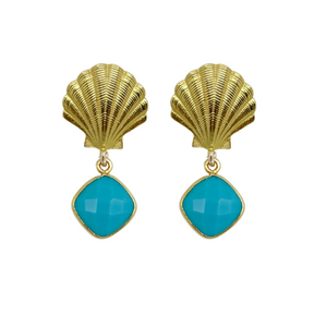 Stunning gold plated shell post with dainty turquoise gemstone drop_m donohue collection
