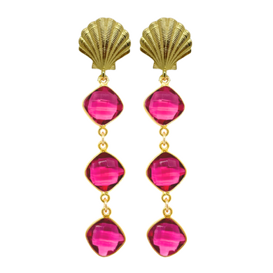 Stunning gold plated shell post with a triple pink quartz gemstone drop_m donohue collection
