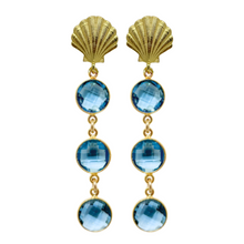 Load image into Gallery viewer, Stunning gold plated shell post with a triple blue quartz gemstone drop_m donohue collection