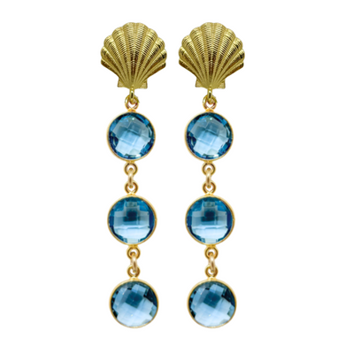Stunning gold plated shell post with a triple blue quartz gemstone drop_m donohue collection