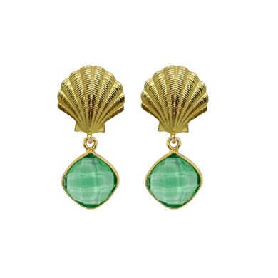 Stunning gold plated shell post with dainty green quartz gemstone drop_m donohue collection