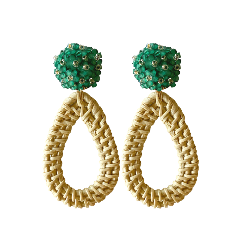 Green floral cluster clip-on post with rattan teardrop_m donohue collection