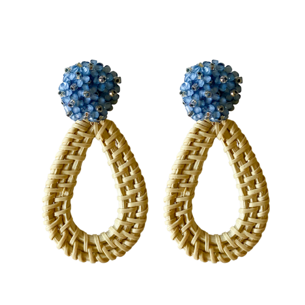 Blue floral cluster clip-on post with rattan teardrop_m donohue collection