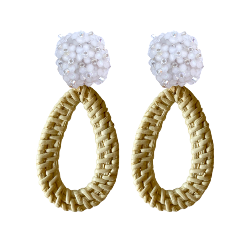 White floral cluster clip-on post with rattan teardrop_m donohue collection