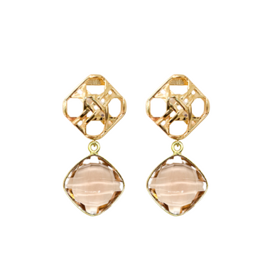 gold wicker post with peach colored morganite drop_m donohue collection