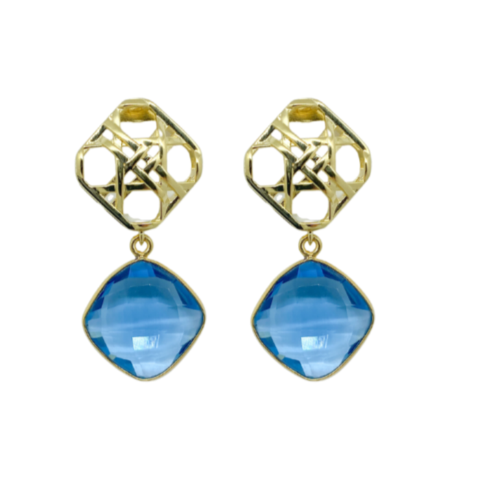 Gold wicker posts paired perfectly with a vibrant blue quartz drop_m donohue collection