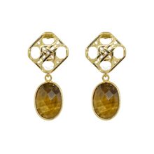 Load image into Gallery viewer, Gold wicker posts paired perfectly with a vibrant Tiger&#39;s Eye drop_m donohue collection