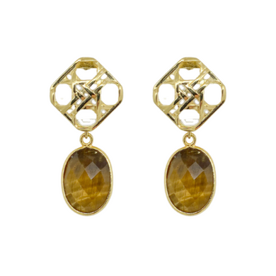 Gold wicker posts paired perfectly with a vibrant Tiger's Eye drop_m donohue collection