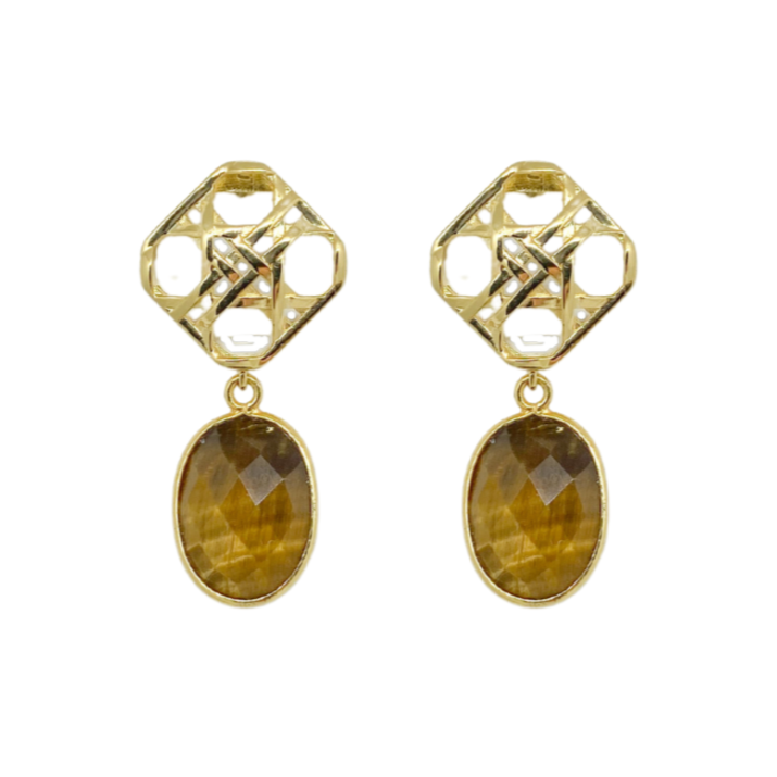 Gold wicker posts paired perfectly with a vibrant Tiger's Eye drop_m donohue collection