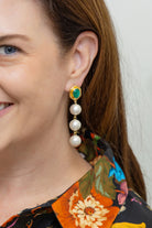 Model wearing Emerald Gemstone & Cotton Pearl Earrings_M Donohue Collection