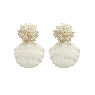 Delicate pearl cluster posts with mother of pearl seashell drop_m donohue collection
