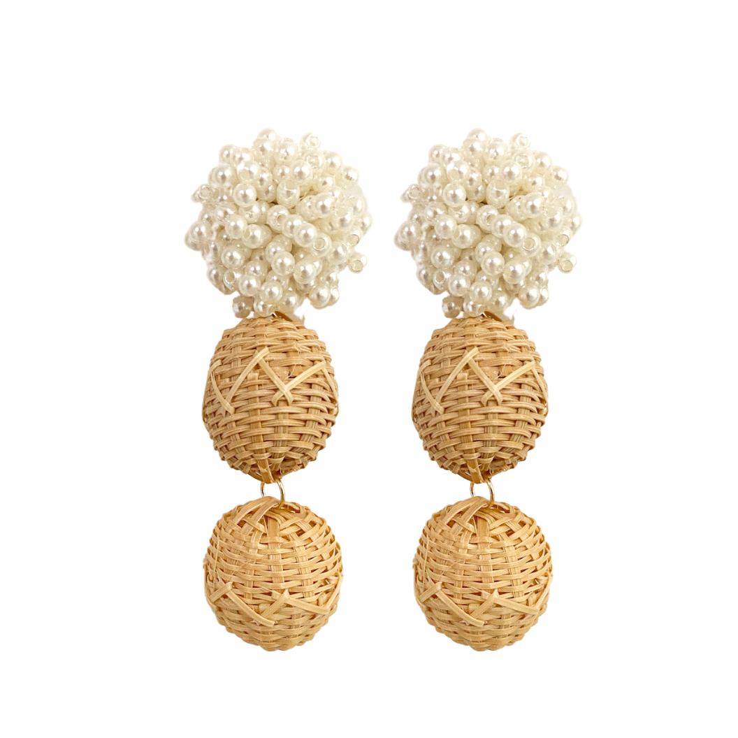 Delicate pearl cluster posts with two woven rattan balls_m donohue collection