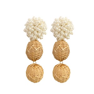 Delicate pearl cluster posts with two woven rattan balls_m donohue collection