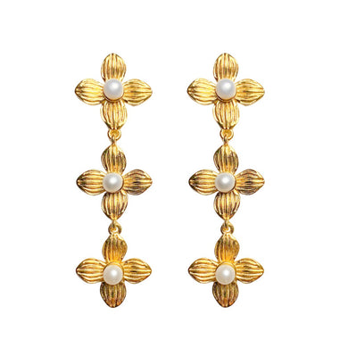 Gold floral drop earrings accented with freshwater pearls_m donohue collection