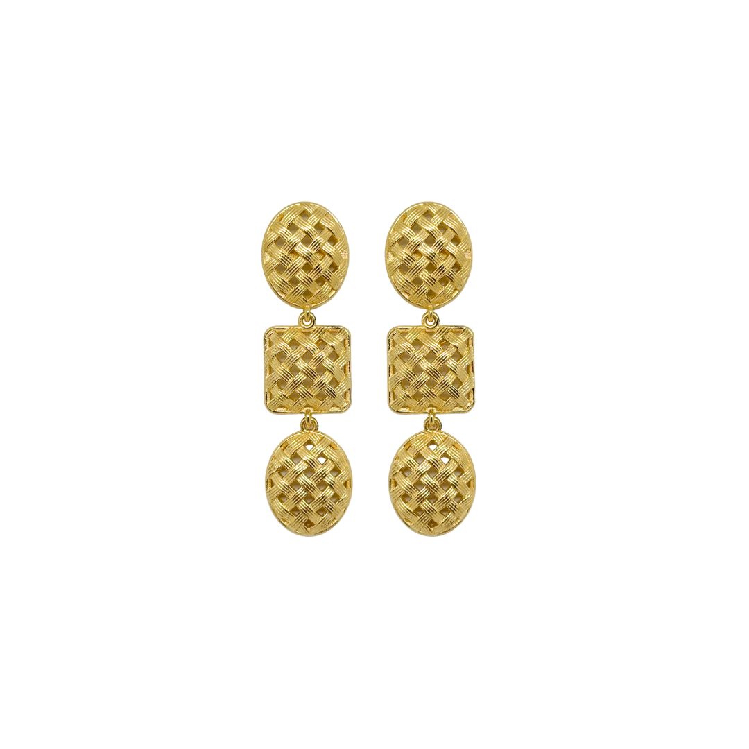 gold woven triple earrings with basket weave detail_m donohue collection