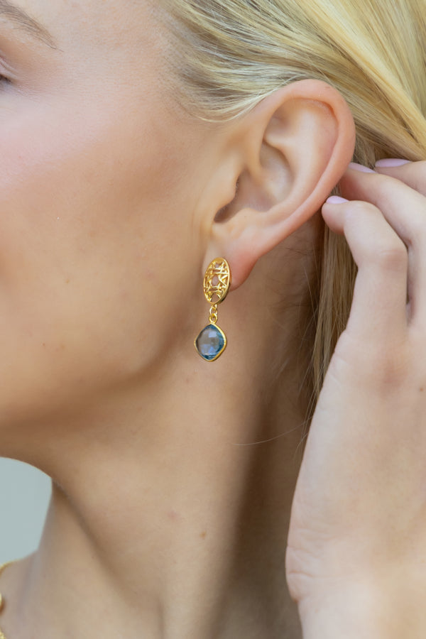 Model wearing Gold Lattice Blue Quartz Gemstone Drop Earrings_M Donohue Collection