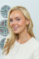 Model wearing Gold Lattice Blue Quartz Gemstone Triple Drop Earrings_M Donohue Collection