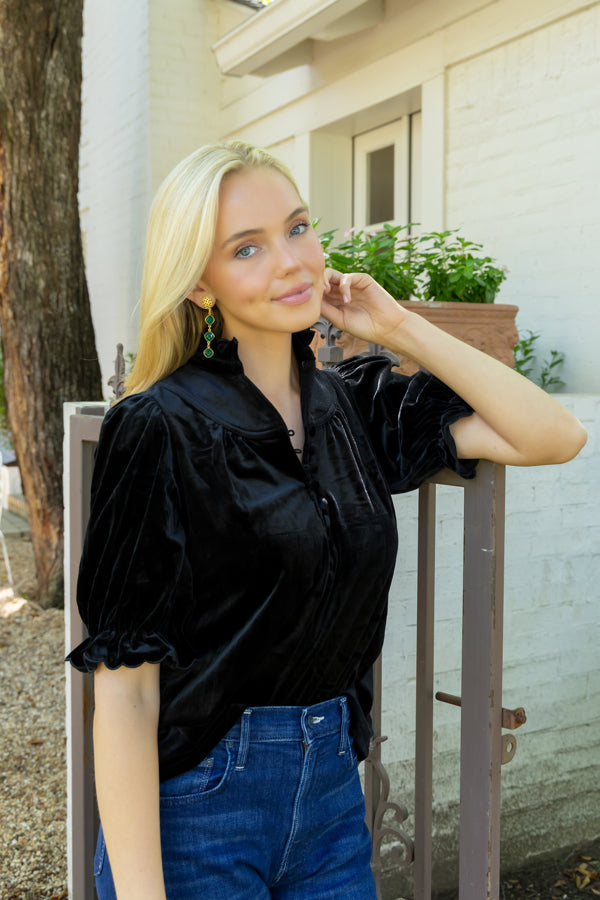 Model wearing Emerald Gemstone Triple Drop Earrings_M Donohue Collection