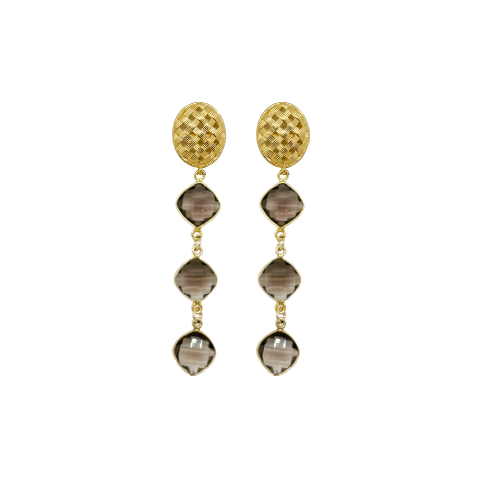 gold basketweave earring post with smoky quartz triple gemstones_m donohue collection