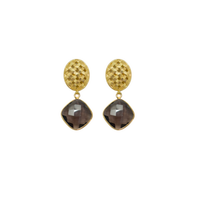 gold basketweave earring post with smoky quartz gemstone drops_m donohue collection