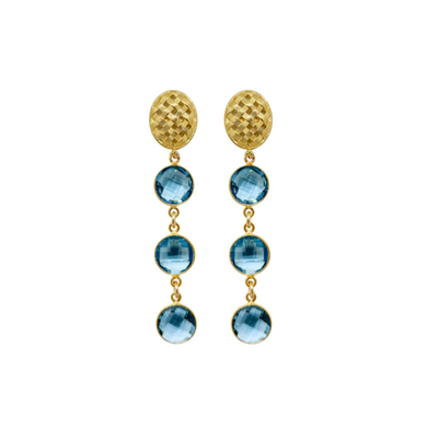 gold basketweave posts with blue quartz gemstone triple drops_m donohue collection