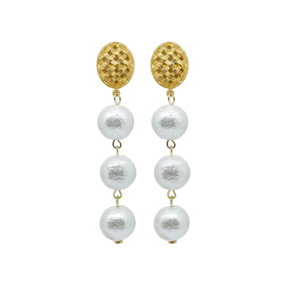 gold basketweave earring posts with triple cotton pearl drops_m donohue collection