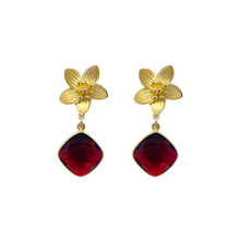 Load image into Gallery viewer, Intricate floral posts with a rich garnet drop_m donohue collection