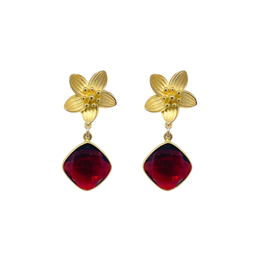 Intricate floral posts with a rich garnet drop_m donohue collection
