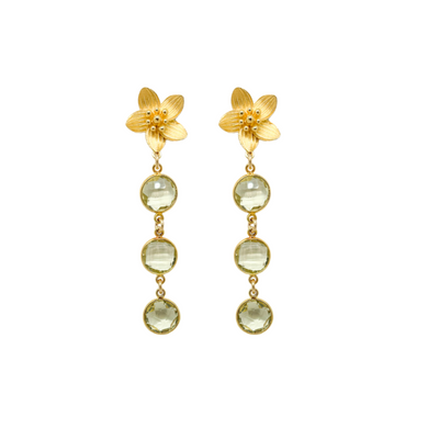 flower gold post earrings with semi-precious lemon quartz drops_m donohue collection