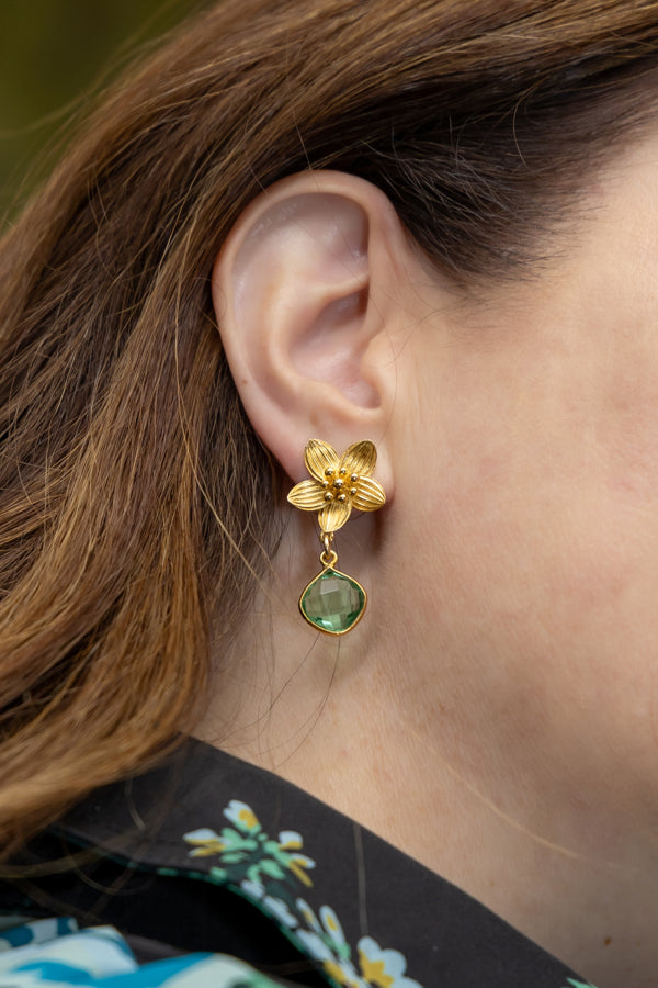 Model wearing Cecile Moss Peridot Flower Drop Earrings_M Donohue Collection