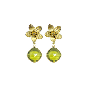 gold flower earrings with peridot gemstone drop_m donohue collection