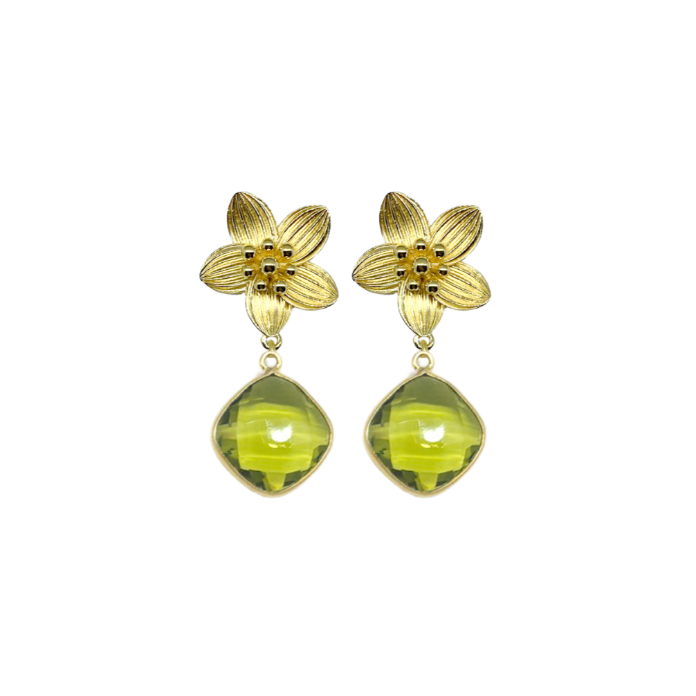 gold flower earrings with peridot gemstone drop_m donohue collection